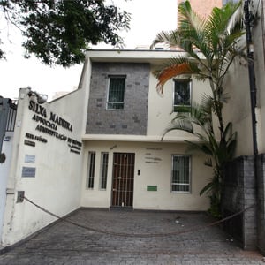 Altas palmeiras adornam a fachada do escritório de São Paulo/SP. 