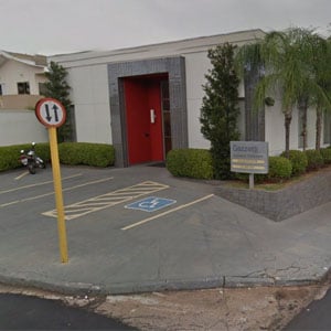 A fila de palmeiras na lateral do escritório de Presidente Prudente/SP suaviza o ambiente. 