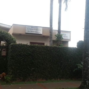 O muro coberto pela hera fecha a fachada do escritório de Cravinhos/SP. 